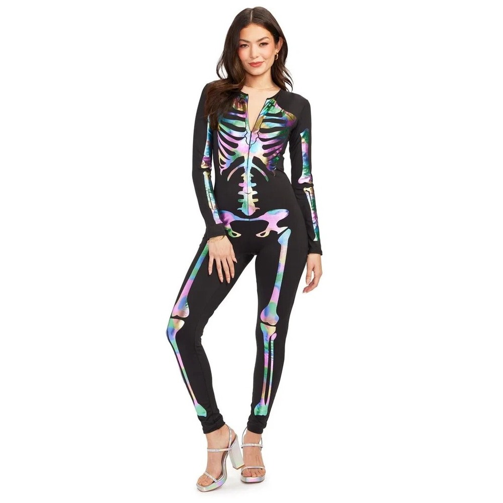 TIPSY ELVES ONE PIECE ZIP UP FITTED SKELETON JUMPSUIT Women's XS IREDESCENT